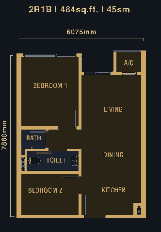 2-Bedroom floorplan, 484 sq.ft.